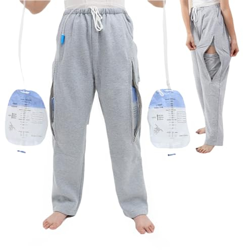 YingXue Katheter-Beintaschen-Hose, Urinbeutelhalter für Herren/Damen, doppelte Reißverschlusstaschen für 2000 ml Katheterbeutel, GRAU, XL