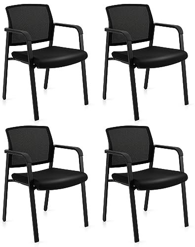 COSTWAY Set of 2/4/6 Stackable Reception Chairs, Upholstered Mesh Office Chair Meeting Conference Armchair, Computer Desk Seat Guest Visitors Chairs for Home Office (Black, 4PCS without Wheels)