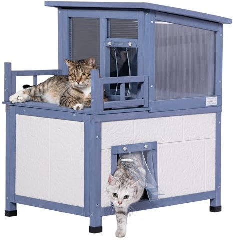 Petsfit Katzenhaus Outdoor Winterfest Isoliert mit Wärmedämmschicht & 5cm hoch Füßen, 2 Etagen Katzen Haus für Draussen Winter, einfache Montage/Reinigung