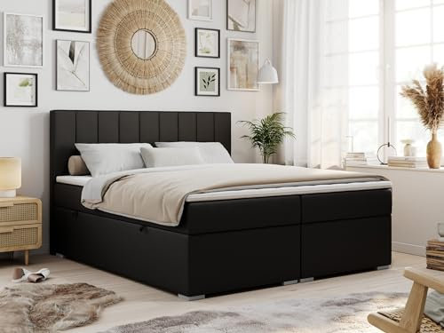 MKS MEBLE Boxspringbett mit 2 Bettkästen, Polsterbett mit Matratze H3 und T25 Topper, Bett 160x200 mit Kopfteil - Schwarz Kunstleder - H3 - Ally