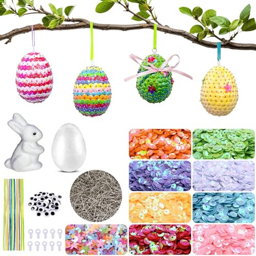 Ostern Basteln Kinder, 25 Styroporeier Osterhase Bastelset Ostern, Ostereier zum Aufhängen und Bemalen, Plastikeier Styropor Eier zum Basteln mit Bunte Pailetten Stecknadeln, Ostergeschenke Kinder