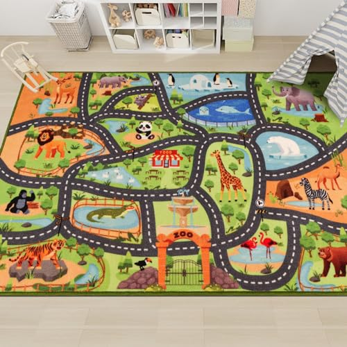 AKUNRUG Autoteppich Kinder,Zoo rutschfest Spielteppich Straße,Tier spielteppich Kinder,Autoteppich Kinder,