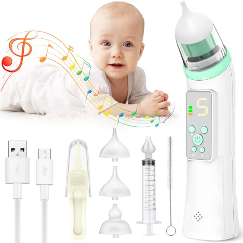 Nasensauger Baby Elektrisch, Wiederaufladbar Nasenreiniger mit 5 Saugstufen und 3 Silikondüsen, IP65 Wasserdicht Nasensauger Baby Staubsauger mit Musik und Licht Beruhigender Funktion für Neugeborene