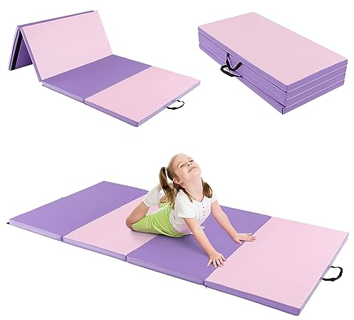COSTWAY 240 x 120 x 5 cm Weichbodenmatte, Gymnastikmatte klappbar, Yogamatte mit Klettverschluss und 2 Tragegriffe, Turnmatte, Klappmatte, Fitnessmatte für Gymnastik, Yoga, Training (Rosa + Lila)