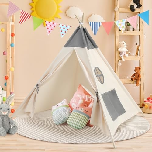Pamatio Kindertipi Zelt für Kinder, Tipi Kinderzelt, Kinderzelt für drinnen, Kindertipi Spielzelt, Spielzelt Kinder, Kinderzimmer Deko Beige