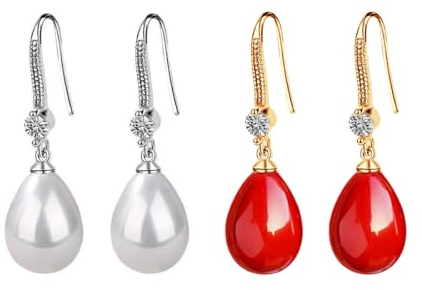 Perlen Ohrringe, 2 Paar Damen Perlenohrringe Waterdrop Ohrhänger, Rot Wassertropfen und Österreichischen Zirkonia-Kristalldiamanten Hängende Tropfen Ohrringe, Button Weiß Süßwasser Perlen Ohrringe