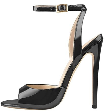 blingqueen Damen Peeptoe Sandaletten Lack Sandalen High Heels Schnalle Slingback Pfennigabsatz Schwarz 36 EU