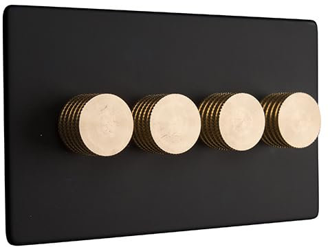 Dowsing & Reynolds Quadruple LED Dimmer Light Switch 4 gang 2 way 5-150W Matt Black with Brass Knobs