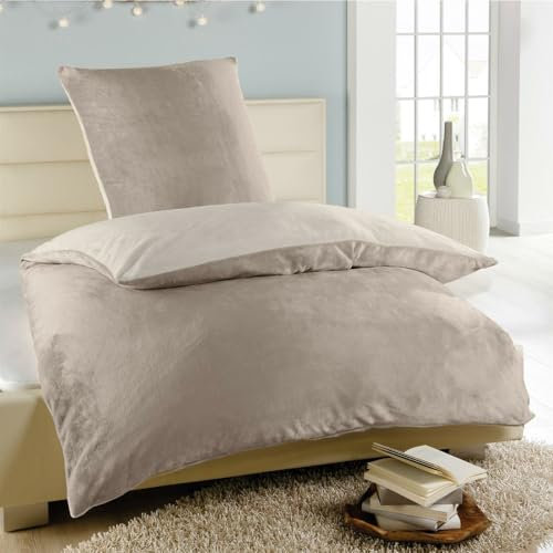 Bettwäsche 2-TLG Cashmere Touch (Natur/Taupe) - Öko-Tex - 1 Bettbezug 135x200cm + 1 Kissenbezug 80x80cm Bettdecken Set mit Reißverschluss