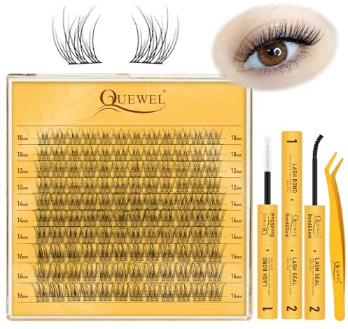 QUEWEL faux cils, 120Pcs Natural extension cils Wispy kit extension cils 10-16MM Individual Lashes avec pince à cils et colle faux cils Tweezers DIY at Home(Feather 02)