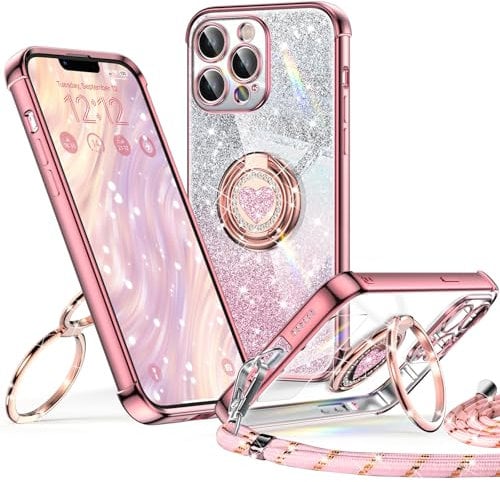 XYZ for iPhone 13 Pro Max Case with Stand, Soft Cute Luxury Love Heart for Women Girls, Double Ring Bling Glitter Clear Protective Phone Cover Case for iPhone 13 Pro Max - Pink