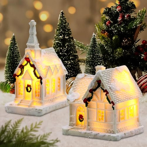 SPERMUOY Weihnachtsdorf Beleuchtet Weiß, 2 Stück Mit Beleuchtung, Weihnachten Deko, Weihnachtshaus Miniatur, Weihnachtsdekoration
