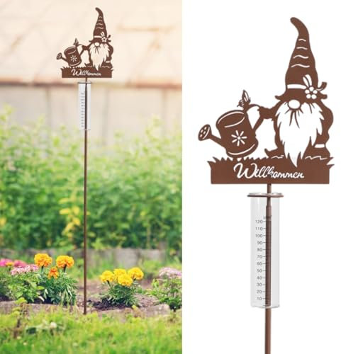 JUJOYBD Pluviometro decorativo per giardino, altezza 100 cm, misuratore dell'acqua piovana in vetro su connettore da giardino, cartello di benvenuto e motivo nano, decorazione in metallo per balcone