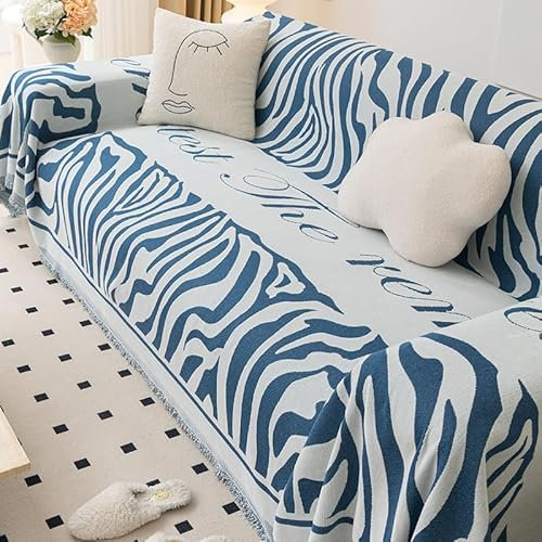 Sofa Überwurf Blauer Zebra Druck Decken für Sofa Polyester Kuscheldecke Mehrzweck Decke für Sofa Sofadecken Langlebig Sofa Überzug Waschbar Couchschoner Mit Quasten Plaid Decke für Sofa 180x180cm