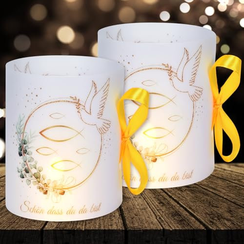 16 Windlichter Tischdeko Taufe Deko Kommunion Deko Konfirmation Deko Erwachsene Deko Jungen Mädchen Eukalyptus Grün Schön dass du da bist Deko für Teelichter und Kerzen Deko (mit farbigen Seilen)