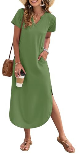 AUSELILY Women's Summer Casual Maxi Dress Short Sleeves V Neck Loose Sundress Split Long Beach Shirt Dress Vacation Army Green L