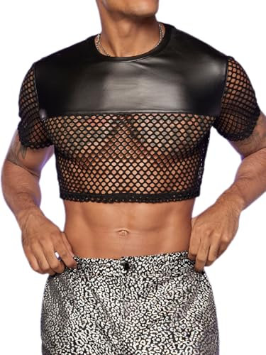 GORGLITTER Men's Fishnet Crop Tops Short Sleeve Mesh T-Shirt See Through Party Nightwear Sheer PU Leather Block Shirt Sheer Black X-Large