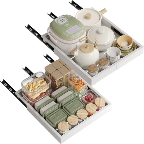 NETEL 2-Pack Pull Out Cabinet Organiser,4-Way Expandable Cabinet Organiser (43.5-55cm D x 30-49cm W),Slide Out Drawers for Kitchen Cabinets,3 Rails,No Drill Adjustable Drawers