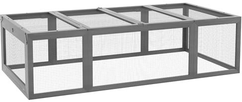 PawHut Hasenstall Kaninchenstall aus Tannenholz Winterfest Hasenkäfig mit aufklappbar Dach 180x90x48 cm Kaninchenkäfig Outdoor Kleintierstall für Kleintiere Hasen Kaninchen Meerschweinchen Grau