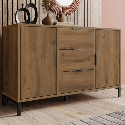 KOMHTOM Commode avec 2 Portes et 3 Tiroirs Meubles de Rangement Buffet avec étagère Réglable et Poignée Noire, Style Industriel (D)