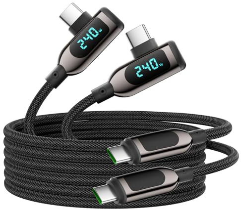 VisionSync 240W ángulo recto USB C a USB C Cable [3M/2Pack],Nylon Braided Tipo C Cable de carga rápida con pantalla LED para lPhone 16/15 Pro Max, Galaxy S25/S24 Ultra, MacBook, Laptop,Negro