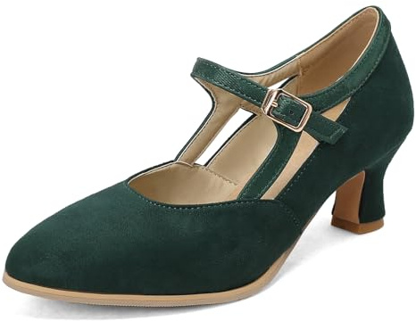 Diuniarza Low Kitten Heel Damen Party Mary Jane Dancing Comfy Low Blockabsatz Schnalle Wildleder Grün Gr 37 EU/38