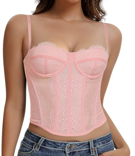 Werkiss Lace Boned Corset Top for Women Going Out Bustier Corset Top with Straps Sexy Overbust Corsets Push Up Crop Tops