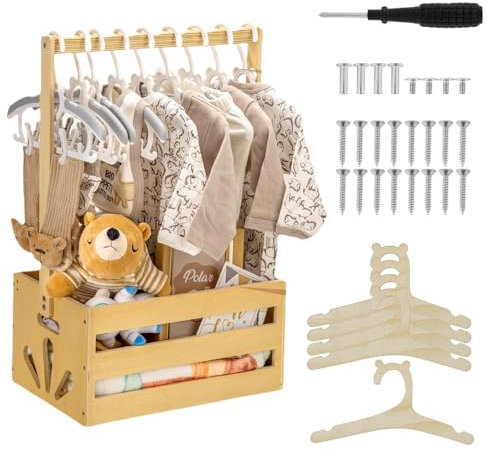 SKIKHN Holzkiste für Babyparty, Babykorb mit Griff, Holz Baby Geschenk Korb mit 5 Baby Kleiderbügel, Holz Babyparty Schrank, Baby Korb Geschenk für Schwangere Neue Eltern Neugeborene