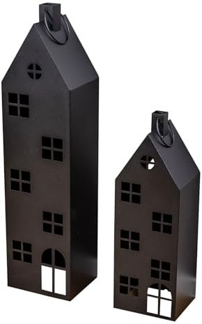 2er Set Laterne Haus H65-95cm Metall Schwarz Deko Windlicht Industrial Style Kerze Kerzenständer Lichtdeko