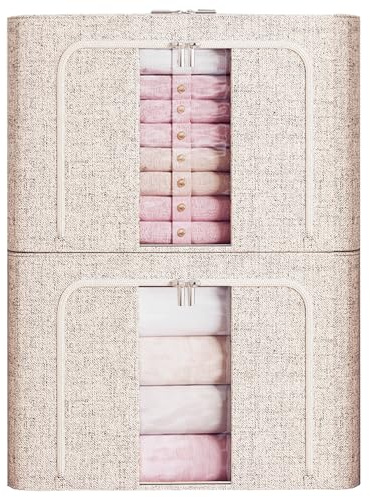 FYTXSZ Clothes Storage Boxes 66L with Metal Frame, Foldable Fabric Storage Bins with Lid and Clear Window, Stackable Organizer Box with Zipper and Handles for Closet, Bedroom (Oatmeal, 66L-2Pack)