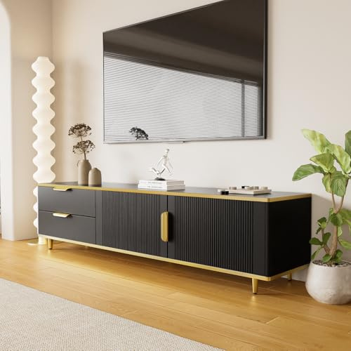 OLIVIBED TV Schrank mit Türen, Fernsehtisch mit 2 Schubladen, TV Kommode mit Goldenen Griffen und Füßen, TV-Lowboard für 70-79-Zoll-Fernseher, Fernsehschrank für Wohnzimmer, 175x40x45cm, Schwarz