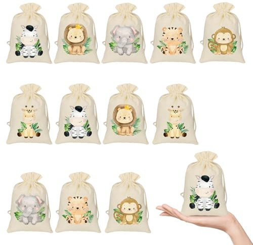 TENGWA 12 STK Kleine Säcke zum Befüllen Baby 10*15cm Geschenksäckchen Löwe | Geschenktüten kindergeburtstag Dschungel Tiere Children's Jute Bag für Babyshower Geburt Taufe Geschenkbeutel