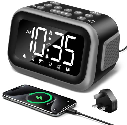 Venchin 115dB Super Loud Alarm Clock for Heavy Sleepers, Mains Powered | Digital Alarm Clocks Bedside, Brightness/Volume Control, USB Port, 2 Alarm, Snooze, 12H/24H DST, LED Display (Incl. Adapter)