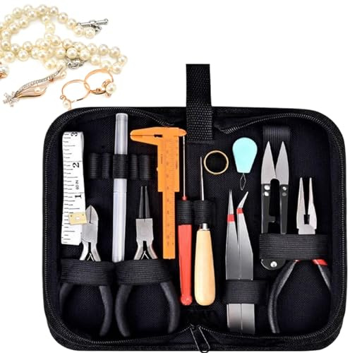 Smyckestång set – verktygsset för smyckestillverkning, 14 delar smyckesreparationsverktyg fodral med tång, skärare, sax, linjal | för örhängen, pärlor och halsband gör-det-själv, fixering
