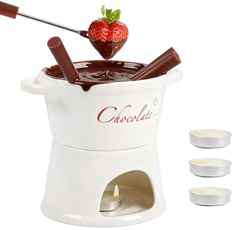 Keramike Schokofondue Topf Set, Schokoladenfondue Tasse mit 4 Teelicht, Schoko Fondueset mit 4 Gabeln, Käsefondue für Familienessen Nachtisch Geburtstagsfeiern, Dessert Dipschale für 4 Personen