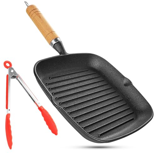 Hioph Cast Iron Square Griddle Pan, Grill Pan for All Hobs, 22cm Steak Pan | with Tipping Spout, Suitable for Induction, Gas, and Camping Stoves, Detachable Handle, Red Silicone Steak Tongs, Oven Usable
