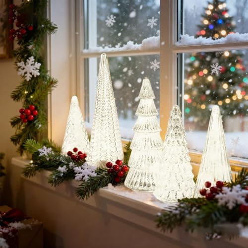 5 Pcs Light up Christmas Decoration Trees, Mercurys Glass Artificial Christmas Tree with LED Light, Acrylic Xmas Tree Ornament for Home Bedroom Living Room Desk Decor Gift for Kids and Adults (Silver)