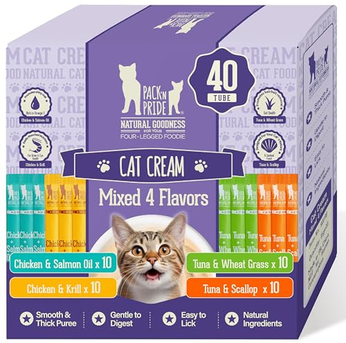 PACK’N PRIDE Cat Treats Variety Pack, 40x15g Creamy Lickable Treats | 4 Flavors for Cats Healthy Coat & Skin, Hairball Control, Odour Reduction, No Artificial, Grain-free Cat Sticks