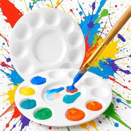 2 x Reusable Plastic Round Paint Palettes for Acrylic Watercolour Art – 17cm Trays with 10 Wells and Centre Area – Lightweight Easy Clean Paint Tray Set for Artists Kids Students Craft Painting