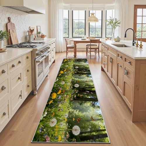 Tyafsgvqo Blumenwiese Küchenläufer 60x150 cm, Bunt Wildblumen Schmetterling | Läufer Flur Rutschfest, Natur Pflanzen Floral Teppich Läufer Bettvorleger Waschbar Teppich fur Wohnzimmer Schlafzimmer
