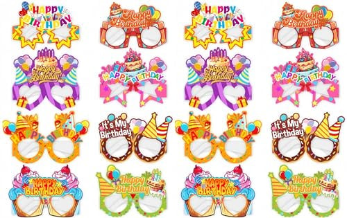 Lekabee 16 Paar Geburtstags Fotokabinen Requisiten Brillen, Geburtstagsfeier Dekoration Papierbrillen Kostüm Fotokabinen Requisiten Zubehör für Erwachsene geburtstags Mottoparty Geschenke