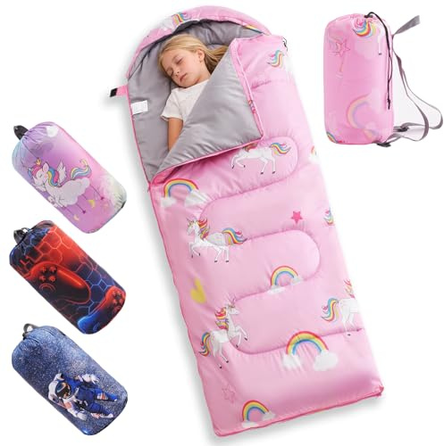 tuphen Kids Sleeping Bag - 3-4 Seasons Portable Sleeping Bag with Compression Sack for Boys, Girls and Toddlers, 2.2 lbs Lightweight Camping Gear Perfect for Camping Hiking Indoor (Pink, 63x26in)