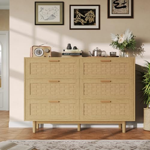 Kommode mit 6 Schublanden aus Rattan, Kommodenschrank für Schlafzimmer, 80x40x115cm Sideboard, Aufbewahrungskommode mit Rattan Geflecht, Modern Schubladenschrank für Wohnzimmer Flur