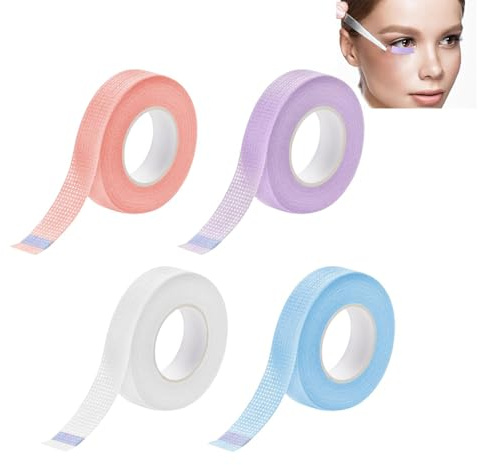 UZYXC 4 Stück Wimpern Tape & Eyeliner Tape Set – Atmungsaktive Mikroporen Bänder in Weiß/Rosa/Lila/Blau (1.25cm x 9m) für Präzises Make-up, Eyeliner, Lidschatten, Wimpernverlängerung