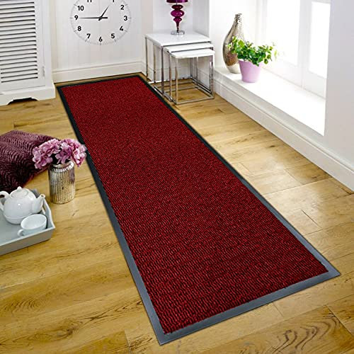 TrendMakers Large Big WINE RED Hardwearing Heavy Duty Black PVC Edge Pile Top Rubber Barrier Entrance Door Kitchen Utility Dust Floor Long Short Narrow Hall Hallway Runners Mats Rugs 90cm x 200cm