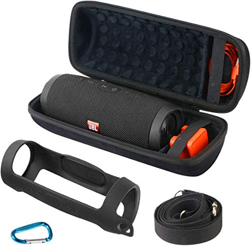 Khanka Hart Tasche+Silikonhülle+Karabinerhaken für JBL Charge 3/4 Wasserdichter Bluetooth Lautsprecher und für Zubehör.(Mit Schultergurt)