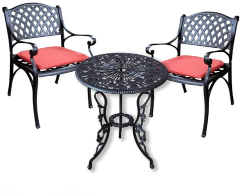 Lazy Susan London Rose Bistrotisch | Rund | 2-Sitzer | wartungsfrei | wetterfest | Sandguss-Aluminium | Antik Bronze | Kate Stühle | Terracotta-Kissen