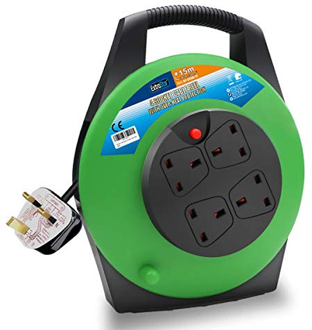 ExtraStar 13A Electrical Extension Reel, 4 Sockets Cable Reel with Winding Handle 1100W/3120W Thermal Cut Out, Heavy-Duty Extension Lead with 15 Metre Extension Cord - Green