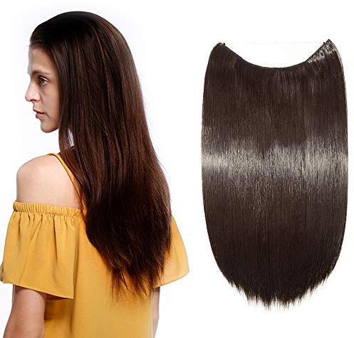 Silk-co Haarverlängerung mit Gummiband, Glatte Extensions mit unsichtbare Schnur, Synthetisch Haarteil wie Echthaar, Haarverdichtung Haar Extensions für Frauen, Dunkelbraun, 50cm