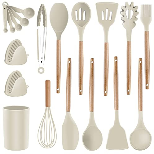 Juego de utensilios de cocina de silicona, resistentes al calor, antiadherentes, no tóxicos, sin BPA, espátula, batidor, pinzas, mango de madera, juego de utensilios de cocina con soporte (caqui)